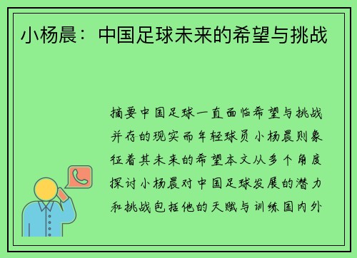 小杨晨：中国足球未来的希望与挑战