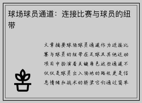 球场球员通道：连接比赛与球员的纽带