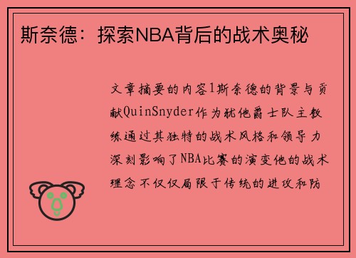 斯奈德：探索NBA背后的战术奥秘