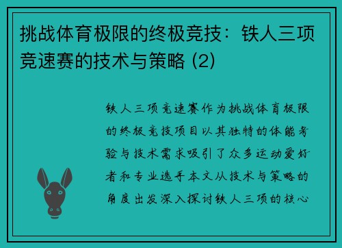 挑战体育极限的终极竞技：铁人三项竞速赛的技术与策略 (2)