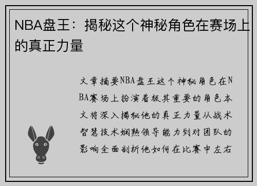 NBA盘王：揭秘这个神秘角色在赛场上的真正力量